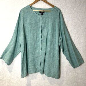 Tahari 100% Linen Button Down Tunic Blouse 3X Plus Teal Green Roll Tab Laganlook